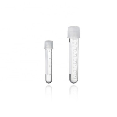 Plastic test culture tube with dual-position snap cap with graduation